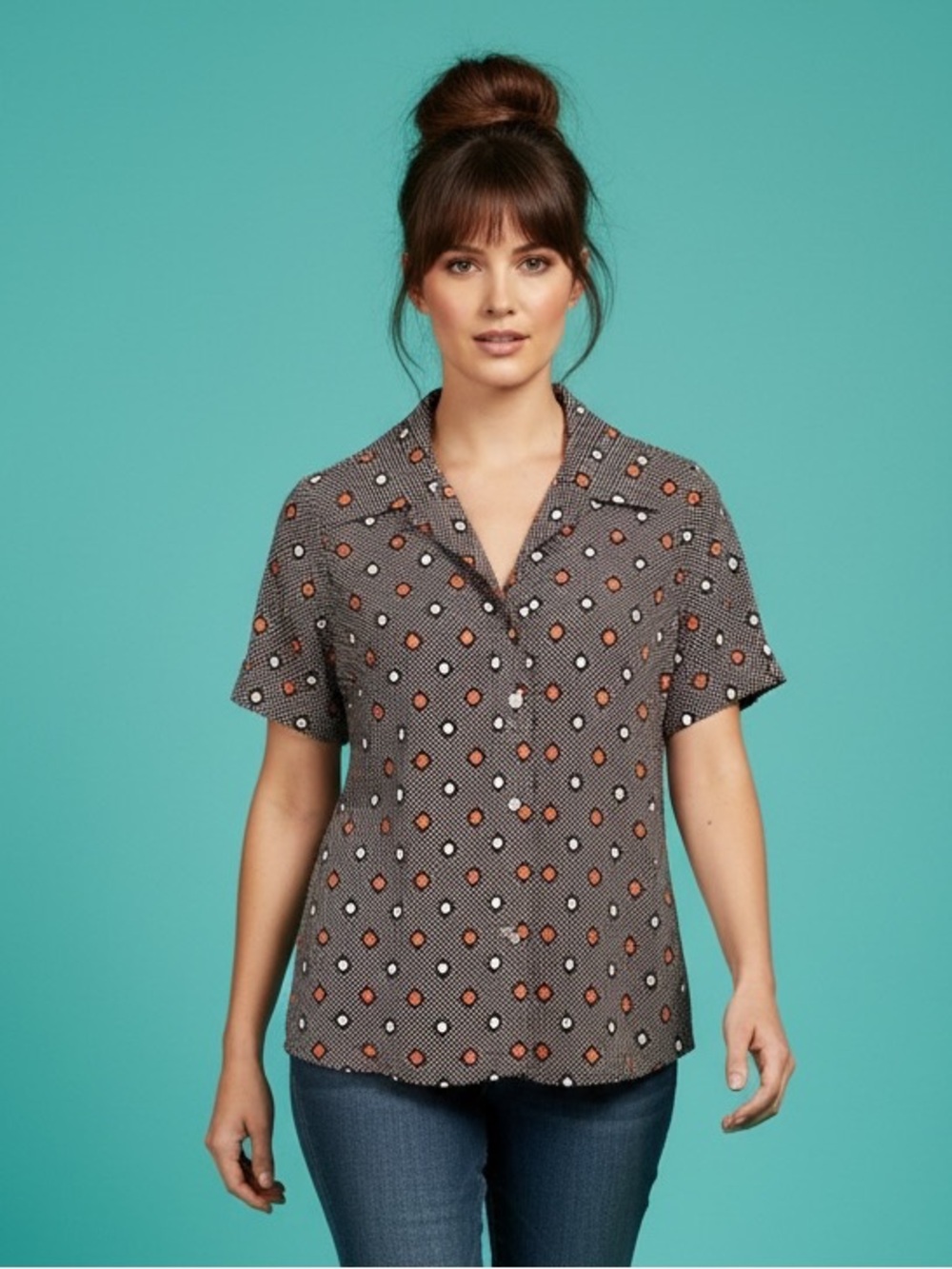 Vintage Popover 1970s Partial Button Short Sleeve Rockabilly Blouse Size 14